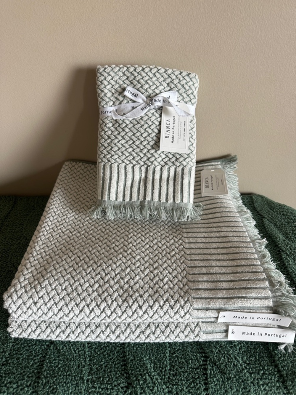 Bianca Made in Portugal Bath & Hand Towels Sage Green & Cream NEW!